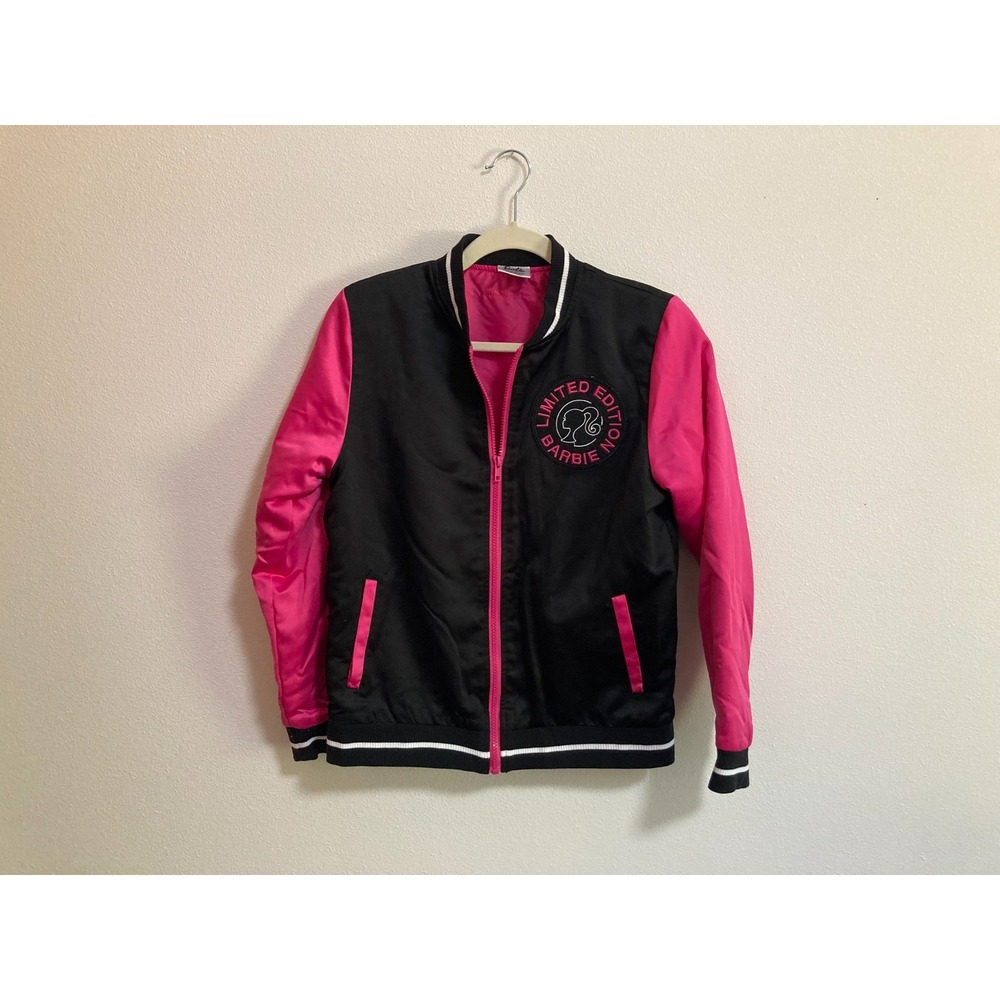 Barbie Youth Girls Size XL (14-16) Limited Edition Pink Black Satin Varsity Coat